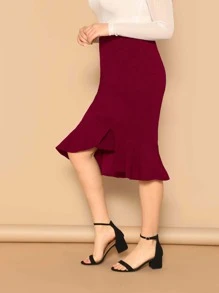 SHEIN Privé Plus Asymmetrical Ruffle Hem Solid Skirt - Burgundy - View 3