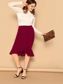 SHEIN Privé Plus Asymmetrical Ruffle Hem Solid Skirt - Burgundy - View 5
