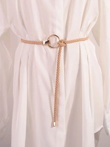 戒扣裝飾編織腰帶波西米亞風格 - 卡其色 - 查看 2