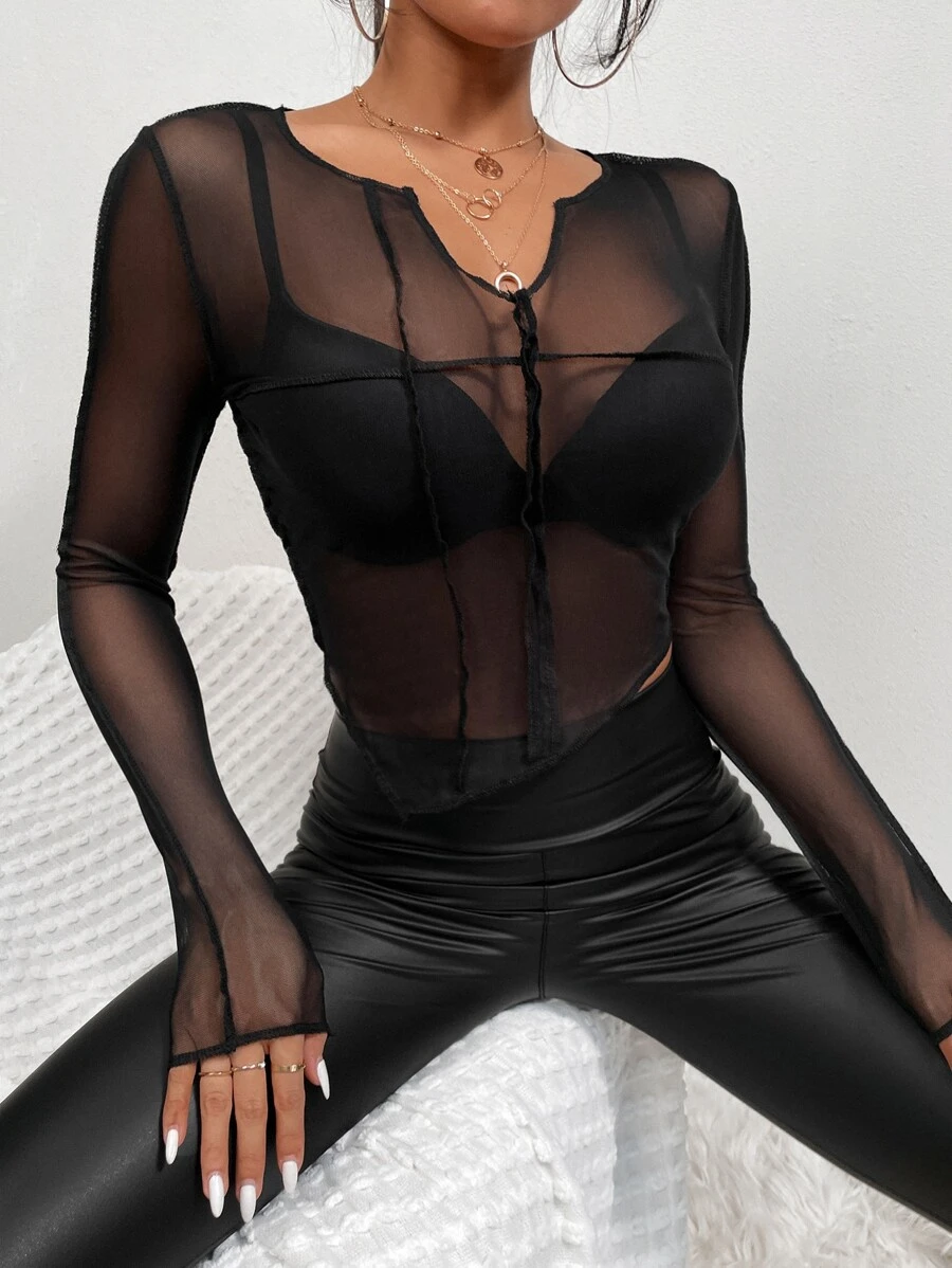 SHEIN Privé Seam Detail Notched Neck Mesh Top - Black - View 1
