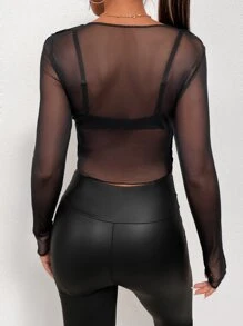 SHEIN Privé Seam Detail Notched Neck Mesh Top - Black - View 2