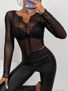 SHEIN Privé Seam Detail Notched Neck Mesh Top - Black - View 3