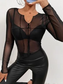 SHEIN Privé Seam Detail Notched Neck Mesh Top - Black - View 5