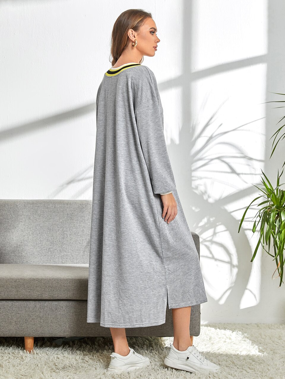 Letter Graphic Striped Trim Drop Shoulder Pullover Dress