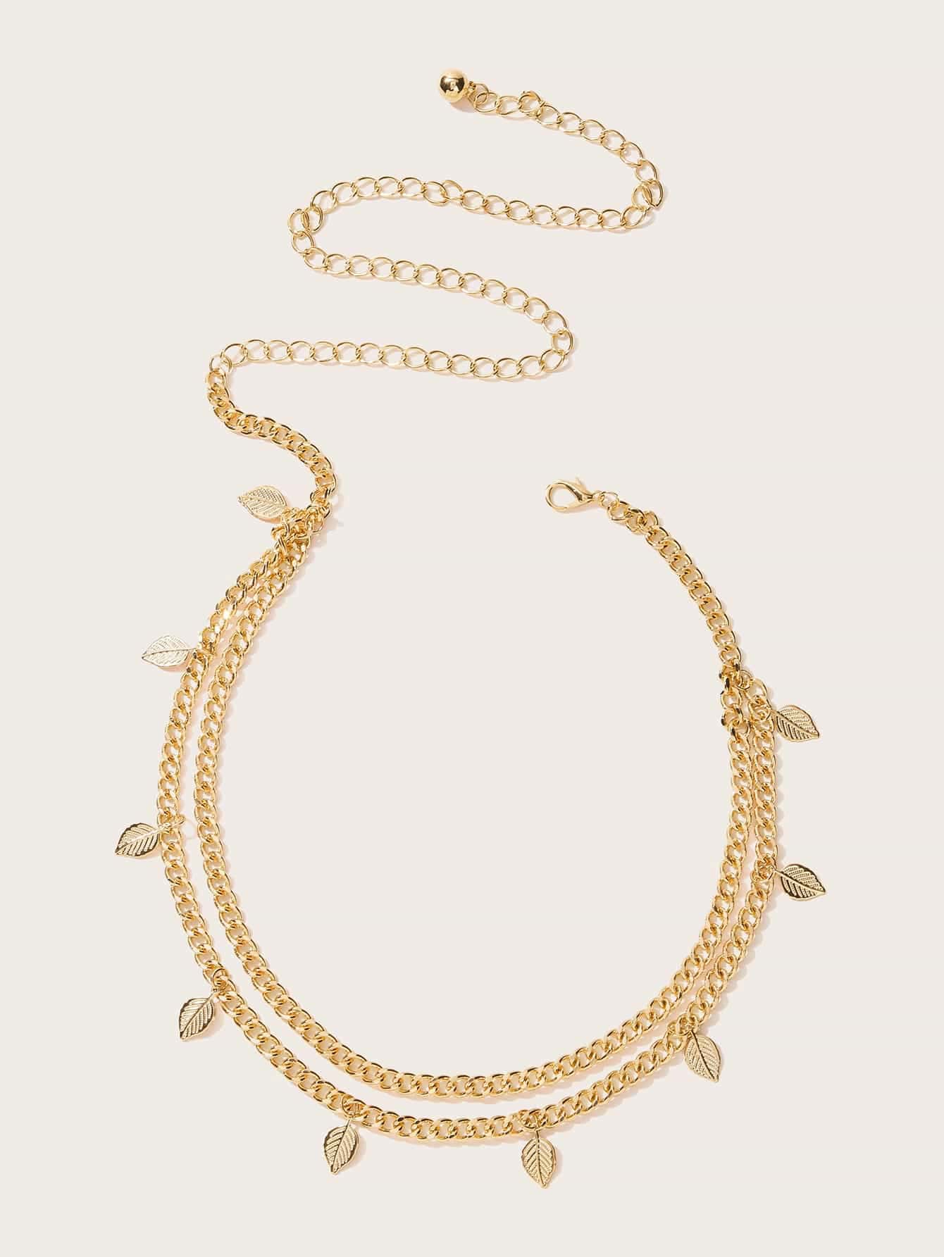 Leaf Charm Layered Chain Waist Belt