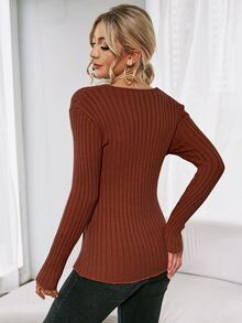 SHEIN Essnce Crossover Front Rib-Knit Jumper - Rust Brown - View 2