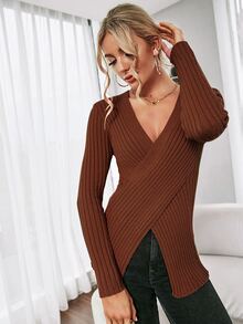 SHEIN Essnce Crossover Front Rib-Knit Jumper - Rust Brown - View 3