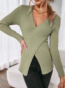 SHEIN Essnce Wrap Front Rib-Knit Jumper - Olive Green - View 1