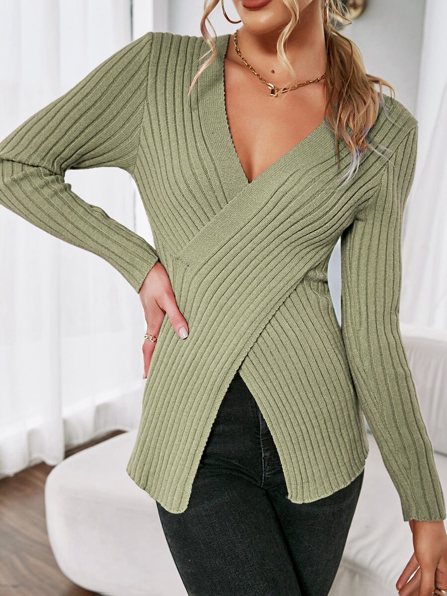 SHEIN Essnce Wrap Front Rib-Knit Jumper - Olive Green - View 1