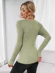 SHEIN Essnce Wrap Front Rib-Knit Jumper - Olive Green - View 2