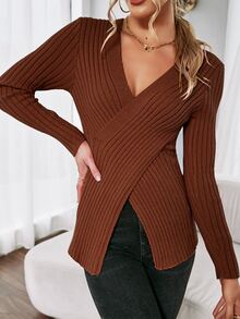 SHEIN Essnce Crossover Front Rib-Knit Jumper - Rust Brown - View 6