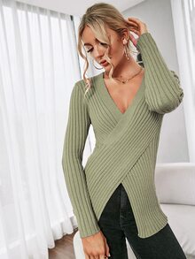 SHEIN Essnce Wrap Front Rib-Knit Jumper - Olive Green - View 3