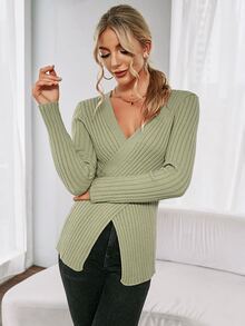 SHEIN Essnce Wrap Front Rib-Knit Jumper - Olive Green - View 4