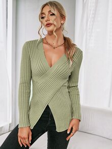 SHEIN Essnce Wrap Front Rib-Knit Jumper - Olive Green - View 5