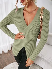 SHEIN Essnce Wrap Front Rib-Knit Jumper - Olive Green - View 6