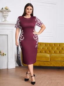SHEIN Clasi Đầm Plus Size Thực vật Thanh lịch - Màu Đỏ Sâu - Xem 1