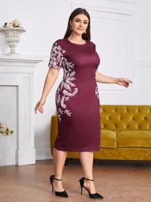 SHEIN Clasi Đầm Plus Size Thực vật Thanh lịch - Màu Đỏ Sâu - Xem 4