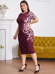 SHEIN Clasi Đầm Plus Size Thực vật Thanh lịch - Màu Đỏ Sâu - Xem 5