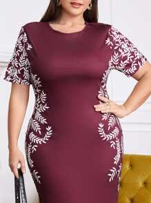SHEIN Clasi Đầm Plus Size Thực vật Thanh lịch - Màu Đỏ Sâu - Xem 6