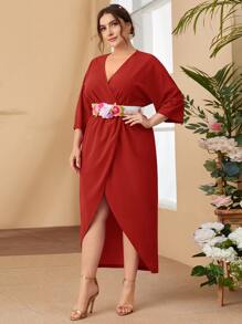 SHEIN Đầm Plus Size Đề can Thắt lưng Trọn gói Hoa Thanh lịch - Đỏ - Xem 1