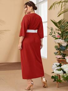 SHEIN Đầm Plus Size Đề can Thắt lưng Trọn gói Hoa Thanh lịch - Đỏ - Xem 2