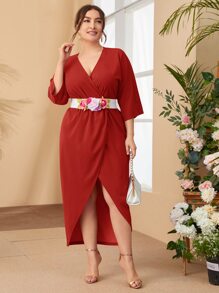 SHEIN Đầm Plus Size Đề can Thắt lưng Trọn gói Hoa Thanh lịch - Đỏ - Xem 3