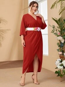 SHEIN Đầm Plus Size Đề can Thắt lưng Trọn gói Hoa Thanh lịch - Đỏ - Xem 5