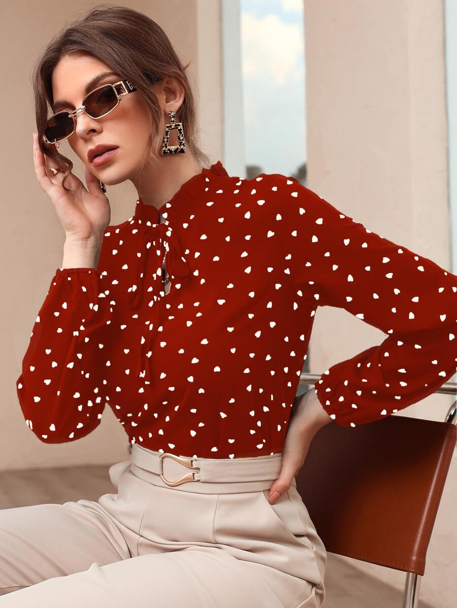 Heart Print Frill Tie Neck Blouse - Burgundy - View 1