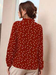 Heart Print Frill Tie Neck Blouse - Burgundy - View 2