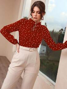 Heart Print Frill Tie Neck Blouse - Burgundy - View 3