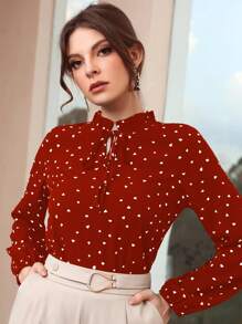 Heart Print Frill Tie Neck Blouse - Burgundy - View 4