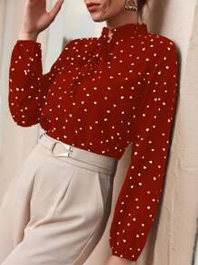 Heart Print Frill Tie Neck Blouse - Burgundy - View 5