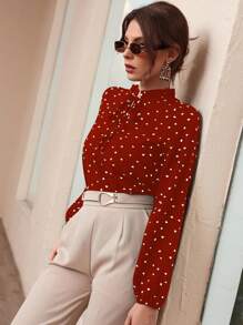 Heart Print Frill Tie Neck Blouse - Burgundy - View 6