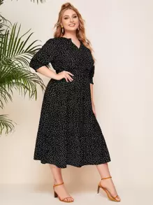 SHEIN Clasi 大碼缺口領波卡圓點a型連衣裙