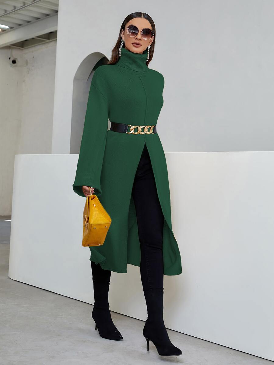 Turtleneck Split Front Drop Shoulder Longline Jumper Without Belt - Dark Green - View 1