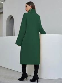 Turtleneck Split Front Drop Shoulder Longline Jumper Without Belt - Dark Green - View 2