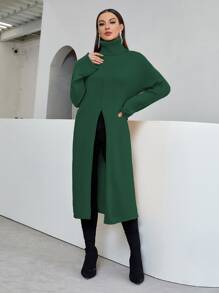 Turtleneck Split Front Drop Shoulder Longline Jumper Without Belt - Dark Green - View 3