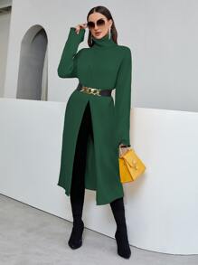 Turtleneck Split Front Drop Shoulder Longline Jumper Without Belt - Dark Green - View 4