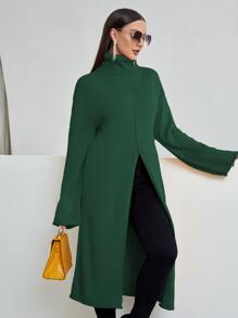Turtleneck Split Front Drop Shoulder Longline Jumper Without Belt - Dark Green - View 5