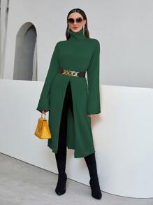 Turtleneck Split Front Drop Shoulder Longline Jumper Without Belt - Dark Green - View 6