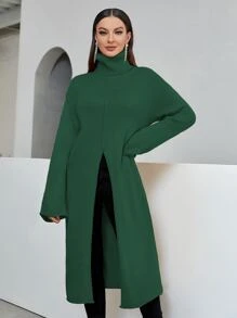 Turtleneck Split Front Drop Shoulder Longline Jumper Without Belt - Dark Green - View 7