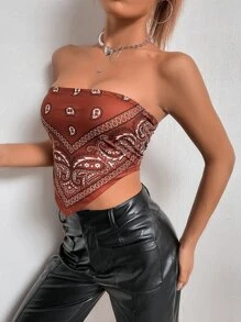 Top bandeau con estampado de paisley bajo asimétrico - Multicolor - Ver 3