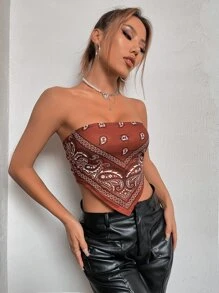 Top bandeau con estampado de paisley bajo asimétrico - Multicolor - Ver 4