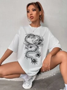 SHEIN Unity Chinese Dragon Graphic Drop Shoulder Oversized Tee - White - View 3