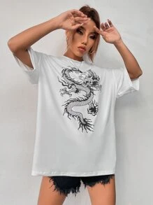 SHEIN Unity Chinese Dragon Graphic Drop Shoulder Oversized Tee - White - View 4