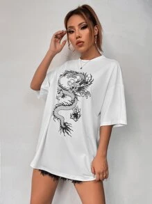 SHEIN Unity Chinese Dragon Graphic Drop Shoulder Oversized Tee - White - View 5