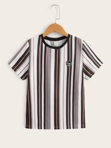 SHEIN 男孩補丁細節條紋印花撞色T恤 - 彩色 - 查看 1