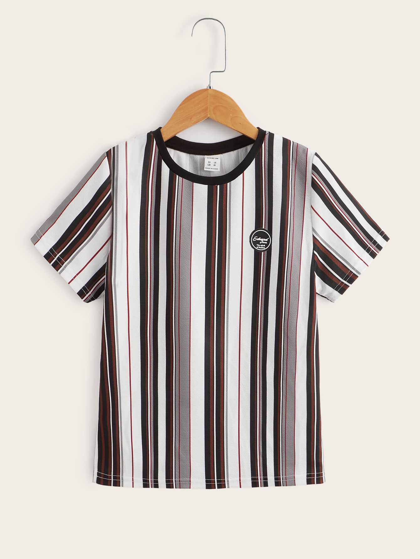 SHEIN 男孩補丁細節條紋印花撞色T恤 - 彩色 - 查看 1