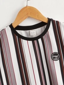 SHEIN 男孩補丁細節條紋印花撞色T恤 - 彩色 - 查看 3