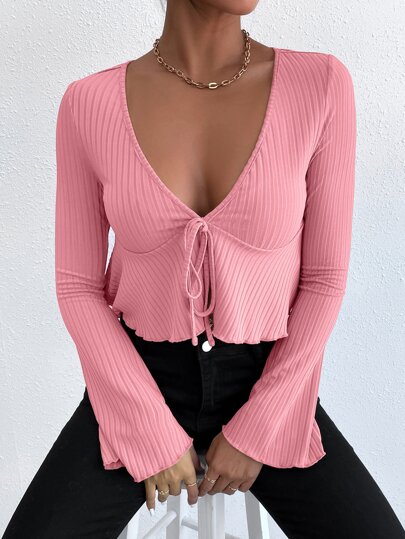 Solid Flounce Sleeve Tie Front Ribbed Knit Top